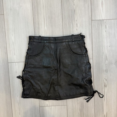 #ad VTG Motorcycle All State Leather WMN Small Black Mini Skirt Tie Sides Steam Punk $34.99