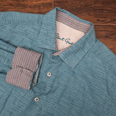 Robert Graham Mens Large Linen Blend Shirt Blue Pink Flip Cuff Button Up