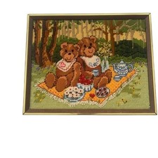 Vintage 1980 Sunset Designs Little Bears Picnic Needlepoint Framed Art