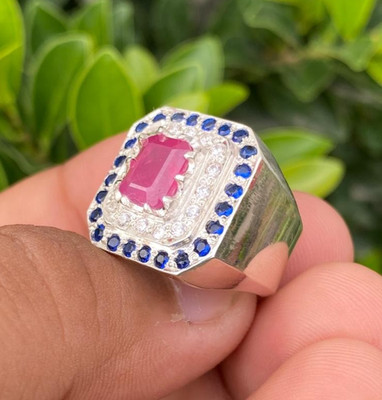 Baguette Cut Ruby Stone Elegant Men Ring With White Moissanite & Blue Sapphire