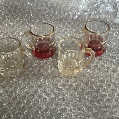 Painted Glass Fire king Shot Glasses Set of 4 Clear Red Gold Rim Handle 2in Bar