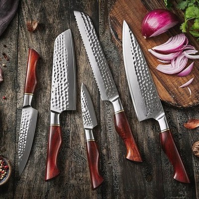 5-teiliges, handgeschmiedetes Kochmesserset aus Damaszenerstahl | Küchenmesser v