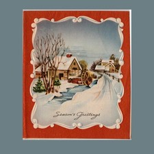 Christmas Card Vintage Water Mill Winter Scene Embossed Red Green 5x4