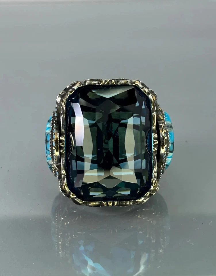 Aquamarine 925 Sterling Silver Men’s Ring, Turkish Blue Gemstone Ring - Image 3 of 4