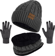 3 Pieces Winter Hats for Women Scarf Touch Screen Gloves Set Thick Warm Fleece L