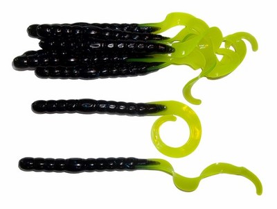 ''NEW'' Pack of (8)  7'' Curly Tailed Worms(Black/Blue flake w/Chart. Tail)Bass