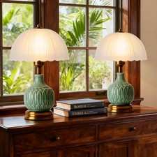 Ceramic Table lamp Set of 2, Modern Bedside Lamps Green Mid Century Vintage D...