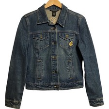 Vintage Y2K Rocawear Women's Gold Embroidery Denim Blue Jean Jacket L