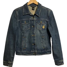 Vintage Y2K Rocawear Women's Gold Embroidery Denim Blue Jean Jacket L