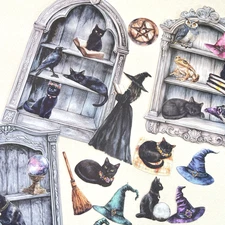 Halloween Witch's Cabinet Stickers Black Cat Junk Journal Collage Scrapbooking