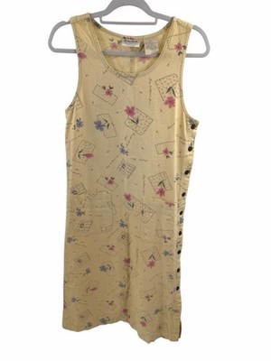 Erika Collection Linen Cotton Yellow Floral Cottage Core Midi Shift Dress Small