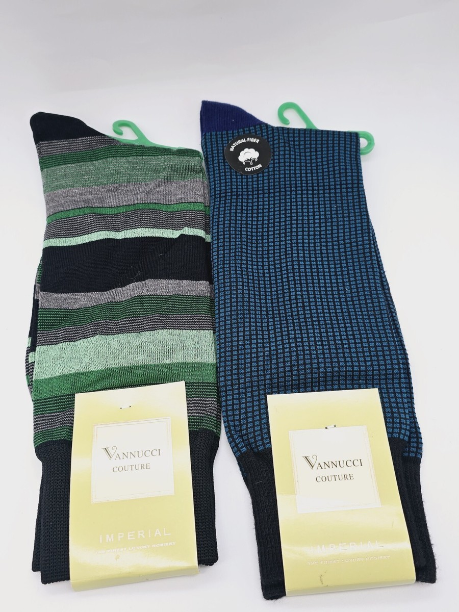 Vannucci Designer Dress Socks Mens 10-13 Green Striped & Blue Small Squares