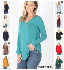 Womens Long Sleeve T-Shirt V-Neck Casual Basic Tunic Top Long Loose Blouse S-3X