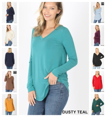 #ad Womens Long Sleeve T Shirt V Neck Casual Basic Tunic Top Long Loose Blouse S 3X $9.41
