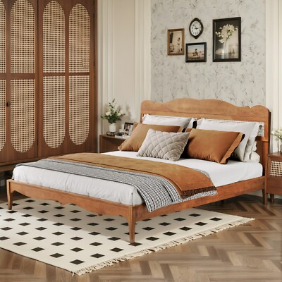 Bed Frame Solid Wood with Rattan Headboard Adjustable Full Queen King Size