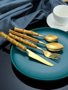 4pcs Bamboo Handle Flatware Gold Silverware Cutlery Set Butter Knife Fork Spoon
