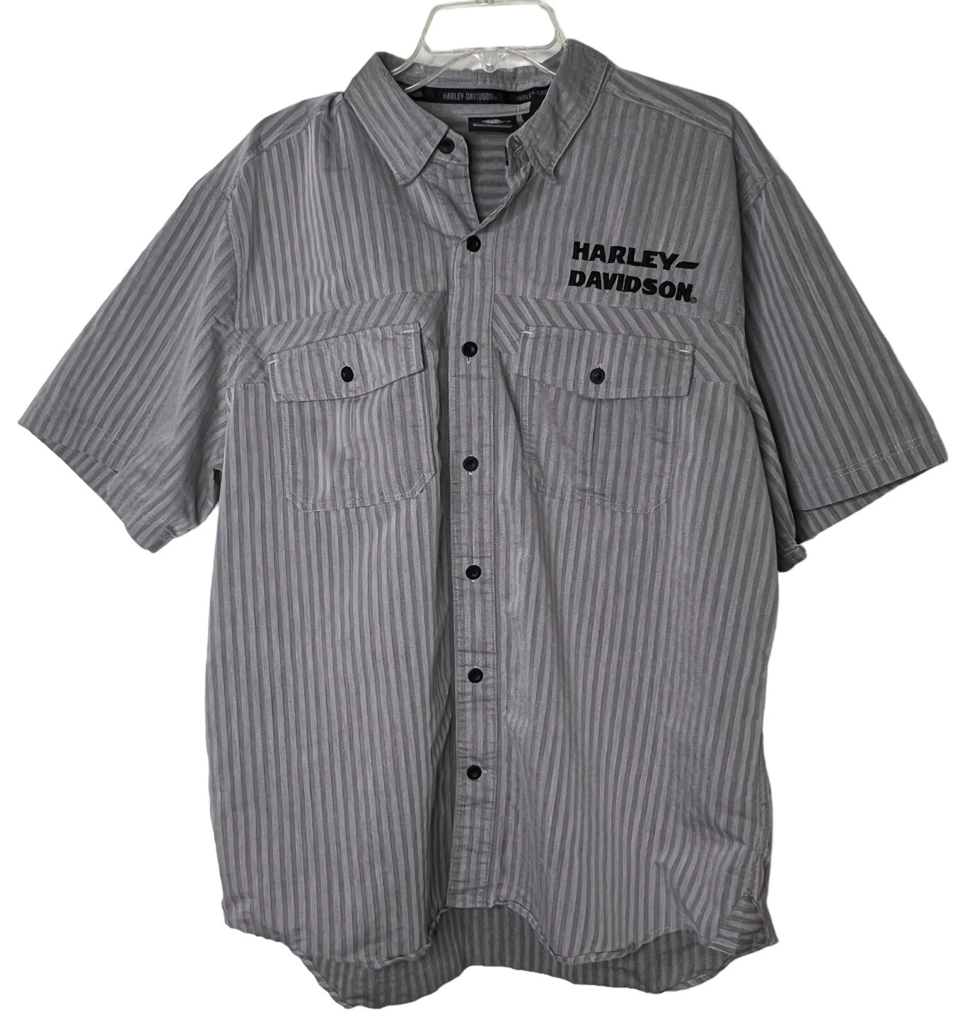 Harley Davidson Embroidered Button Front Shirt Mens XL Gray Monochromatic Stripe