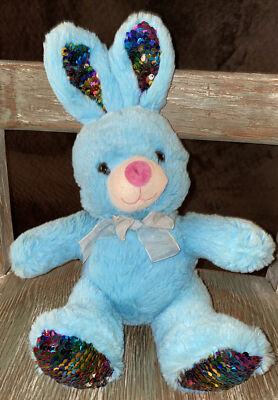Goffa White Sequin Bunny 14'' Plush blue  Rabbit Color Change Stuffed Animal