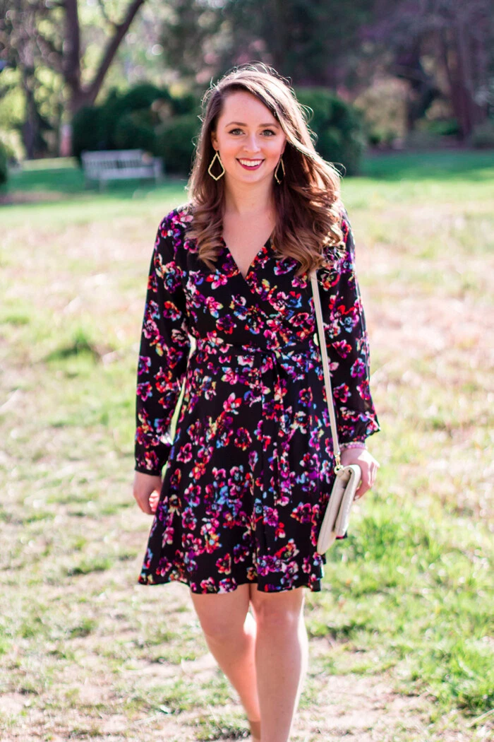 Yumi Kim Carla Black Colorful Floral Print Wrap Dress Size S FLAW