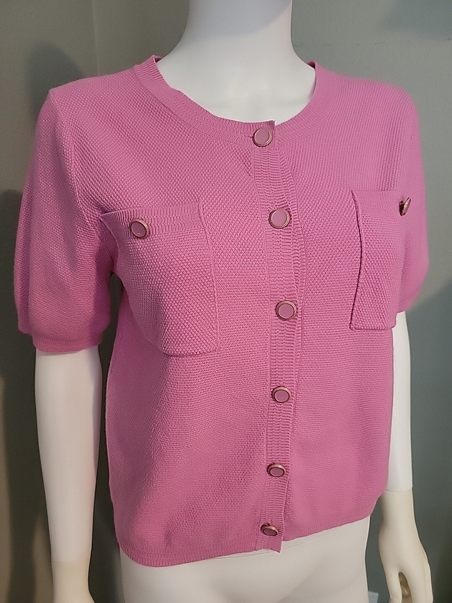 THML Women's Shortsleeved Button Up Pink Sweater Top Cardigan