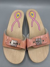 New Dr Scholls Wood Sandals 8 Pink Gems Leather Slides Original Breast Cancer