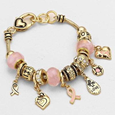 Pink Ribbon Love Heart Hope Faith Gold Charm Bracelet Breast Cancer  Awareness