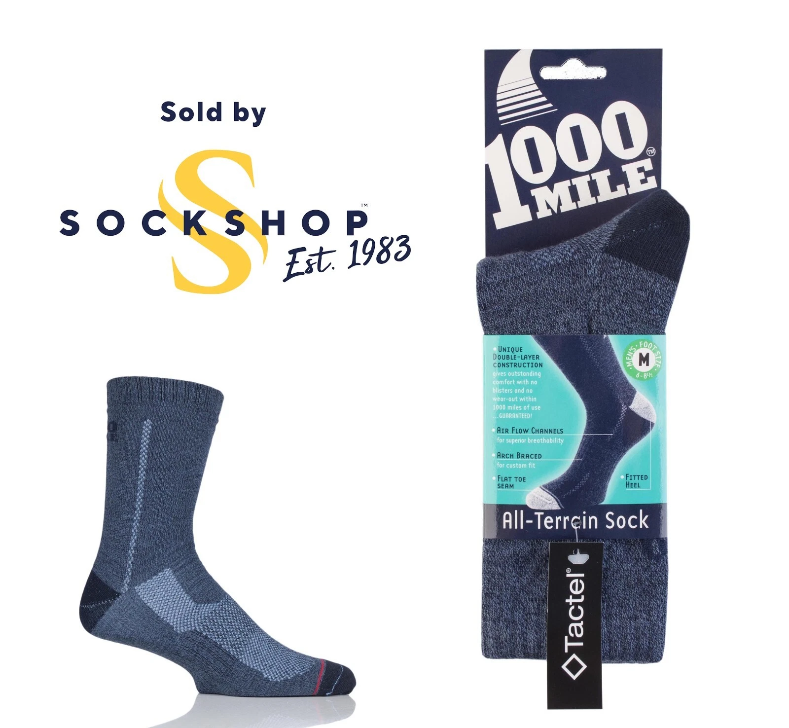 Outdoor Socks Mens 1000 Mile Tactel All Terrain Walking Hiking Blue- 1 Pair Pack