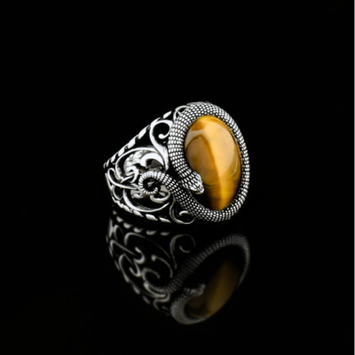 Men s Tiger Eye Gemstone Snake Ring 925 Sterling Silver Vintage Statement Ring