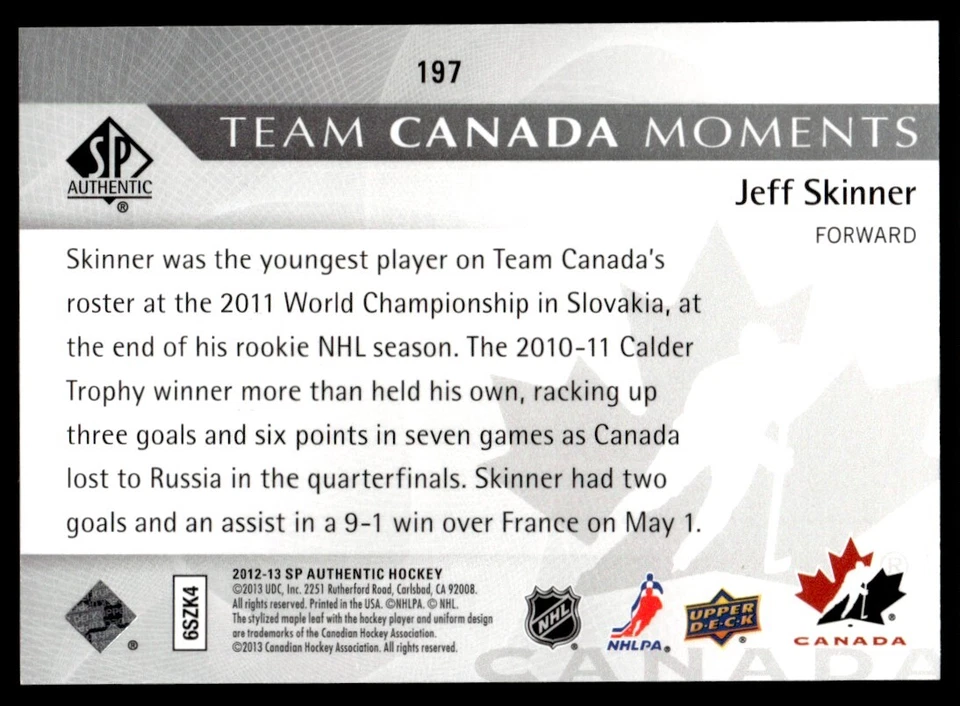 2012-13 SP AUTHENTIC MOMENTS Jeff Skinner Canada #197 - Image 2 of 2