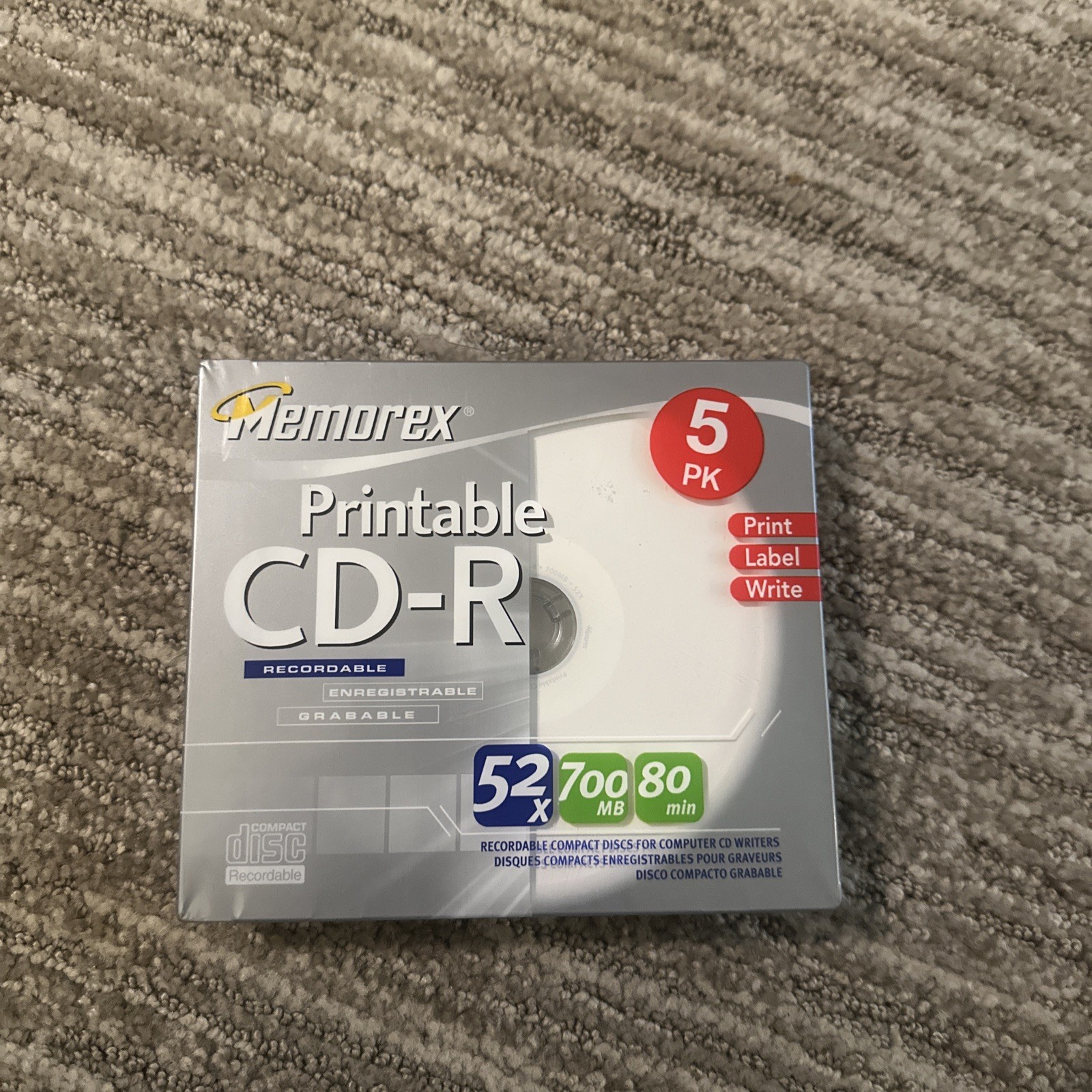 New Memorex Printable Recordable Blank CD-R, 5 Pack 52x 700MB 80 min CDs