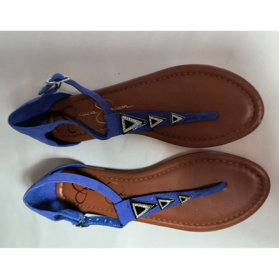 Sandalias Jessica Simpson para mujer talla 7,5 azul tanga cuero hebilla superior planas Foto 3 de 4