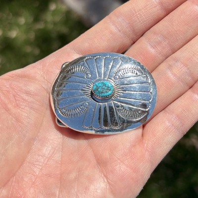 Navajo Shiny Sterling Silver Oval Belt Buckle Turquoise Sunburst