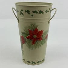 Galvanized Metal Christmas Umbrella Stand Freestanding Poinsettias And Holly