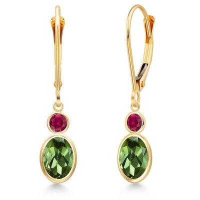 14K Yellow Gold Green Tourmaline and Created Ruby Dangle Earrings for Women |