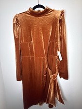 Eloquii Rust Orange Velvet Dress Size 14 NWT Long Sleeve Tie Waist Mock Neck