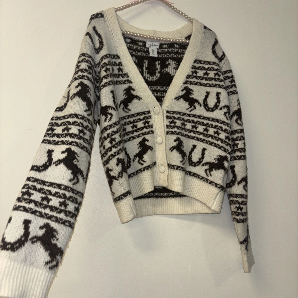 Nicole Miller Sweater Knit Cardigan Sz Sm Horse Sweater Western Country Brown - Image 2 of 4