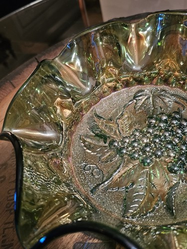 Antique Imperial Carnival Glass Green Heavy Grape 9 1/2" Bowl Exc Condition - Picture 12 of 16