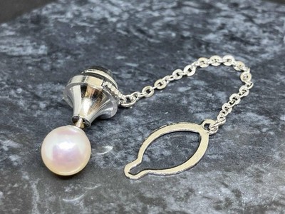 K14WG 8mm Pearl Tie Tack Total Weight 3.8g 14K White Gold Tie Pin Available for
