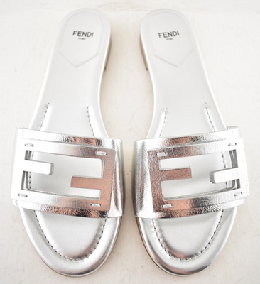 Fendi Baguette Silver Leather FF Monogram Logo Mule Slide Flat
