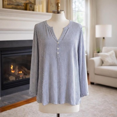 Old Navy Blue White Striped Tunic Blouse XL Rayon Split Neck Lightweight