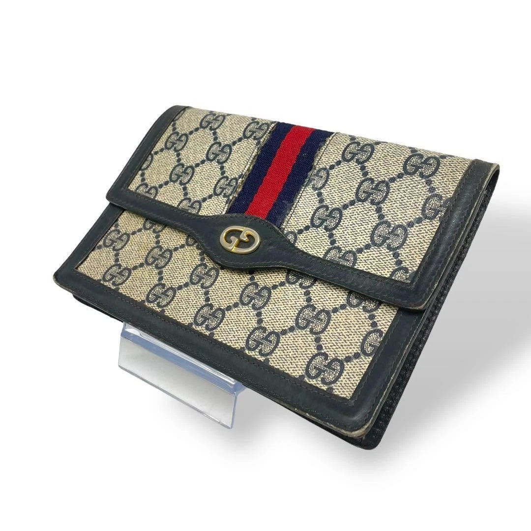 Sac pochette Gucci GG Supreme Sherry Line bleu marine authentique occasion