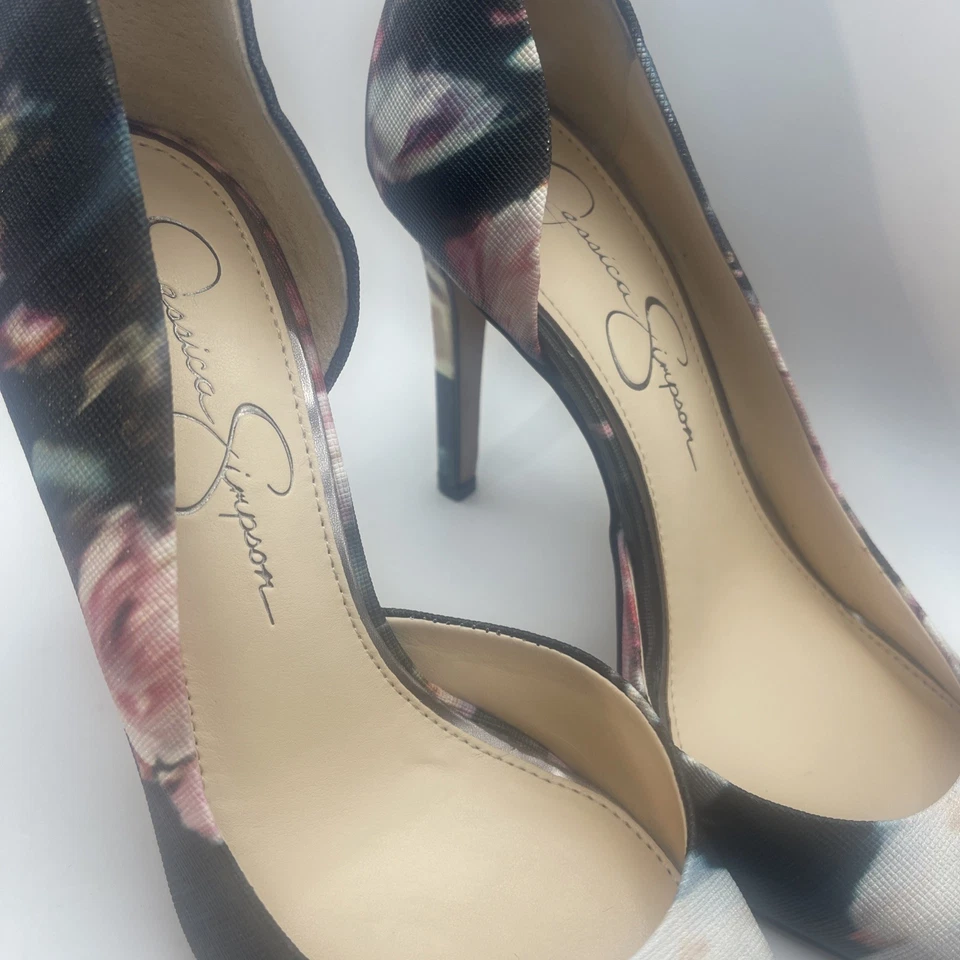 Jessica Simpson Claudette Negro Multi Jardín Floral Stiletto Talla 7 D’Orsay Tacón Foto 2 de 4