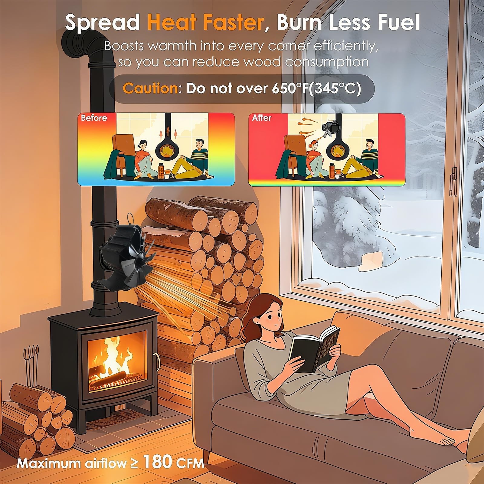 Melede 8-Blade Heat Powered Stove Fan for Wood/Log Burner/Fireplace increases...