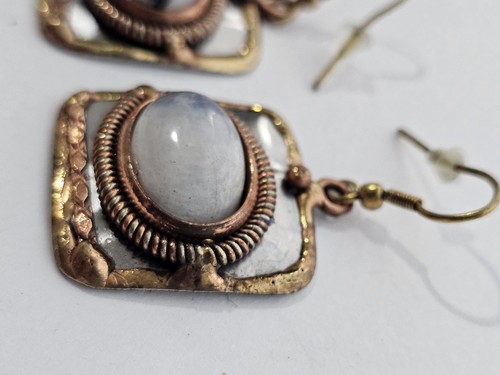 Mixed Metal Oval Rainbow Moonstone Earrings, Copper Brass Metal - Picture 5 of 10