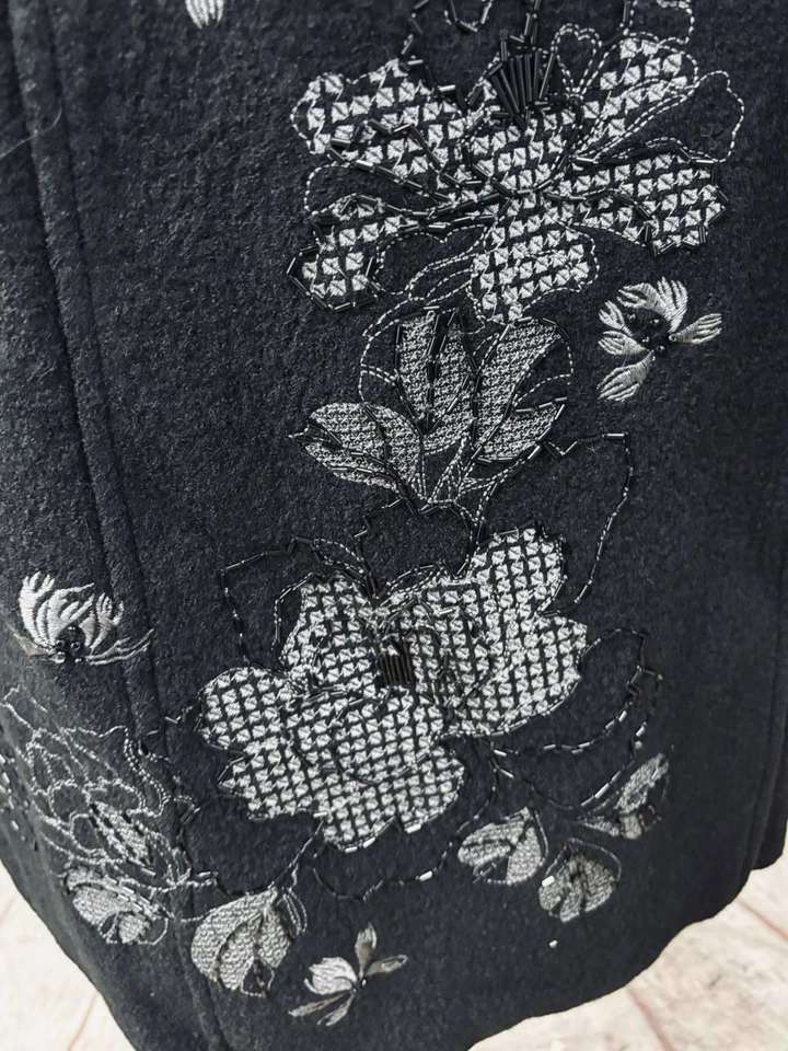 Ann Harvey Black Coat Size 20 Overcoat Boiled Wool Floral Beaded Embroidered NEW - Image 4 of 4