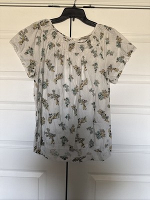 Women s LOFT Cream Floral Square-Neck Gathered Short-Sleeve Blouse  Size Large