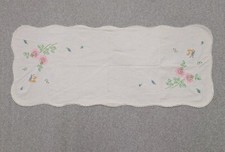 Embroidered Linen Table Runner Pink Floral Butterfly 36"x15" Cottagecore White