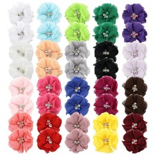 40 Pcs Chiffon Flower Hair Clips 2" with Rhinestones Pearls Kids Hair Bows
