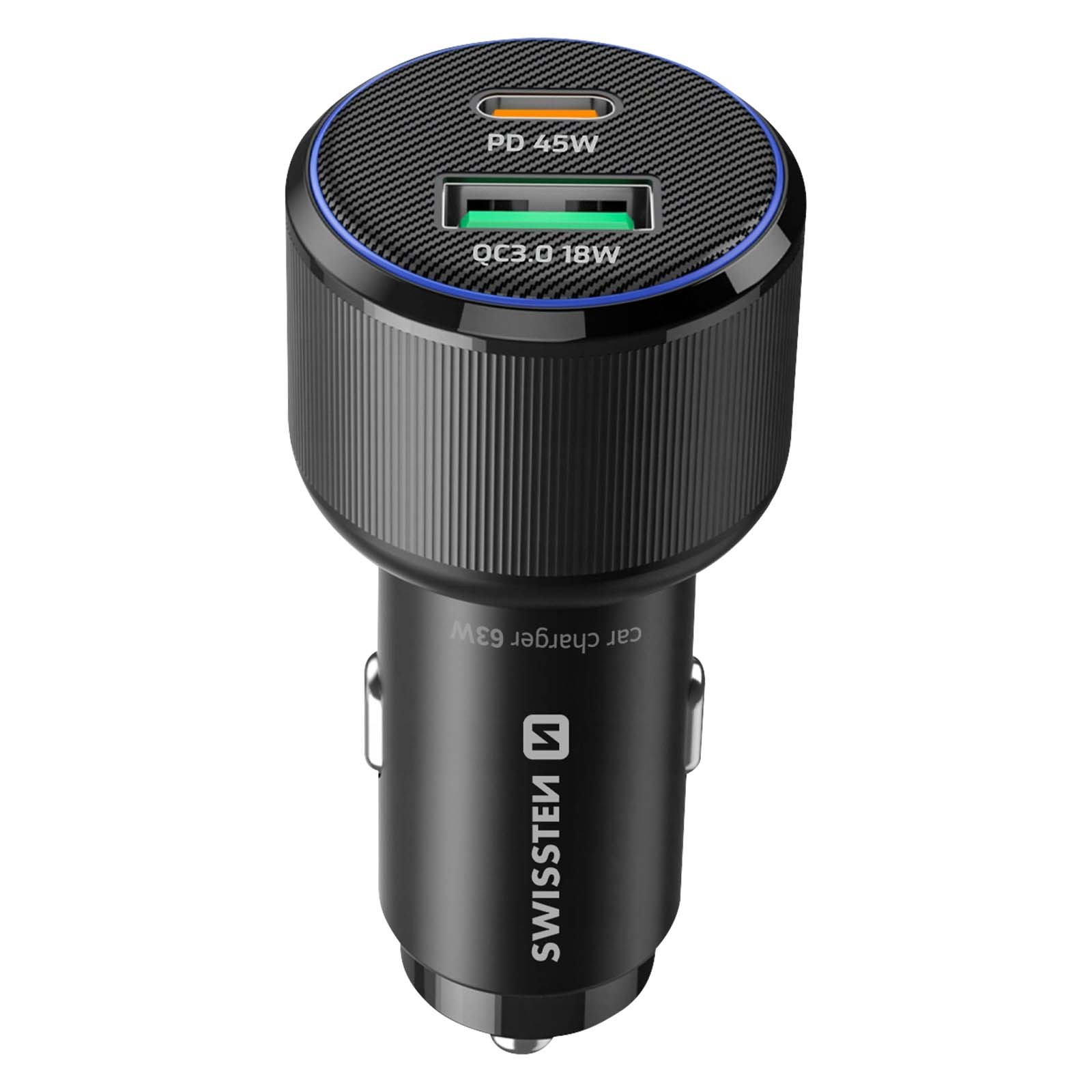 Chargeur voiture Swissten 63W avec ports USB-C PD 45W et USB 3.0 18W noir