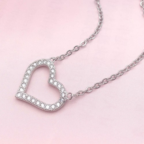 .925 Sterling Silver CZ Love Heart Necklace 18" with Gift Box - Picture 2 of 6